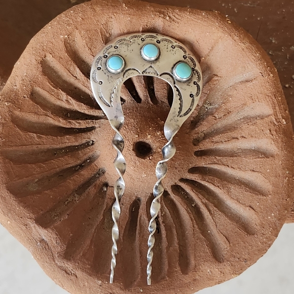 Native American Sterling Silver Turquoise Vintage Hair Comb Pick Hand Stamped - Picture 3 of 4